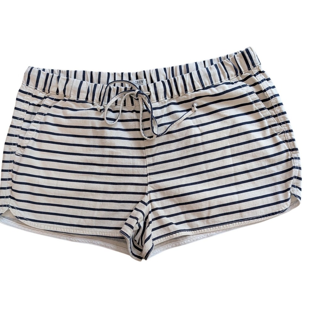 J Crew Womens M Navy White Striped Linen Cotton Front Pockets Drawstring Shorts
